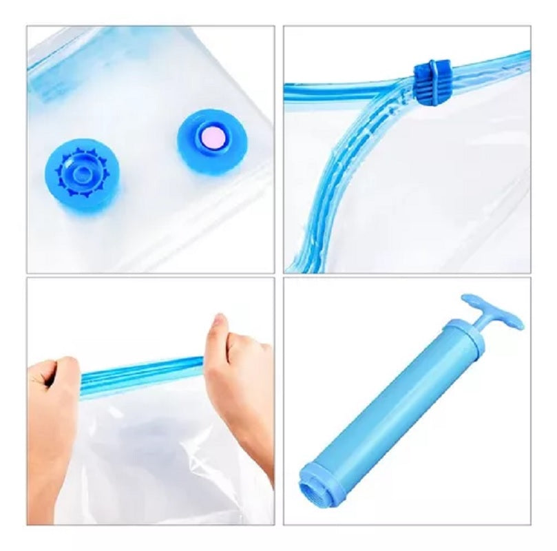 ¡Organiza y Ahorra Espacio con el Combo de 5 Bolsas al Vacío Reutilizables + Bomba de Aire!