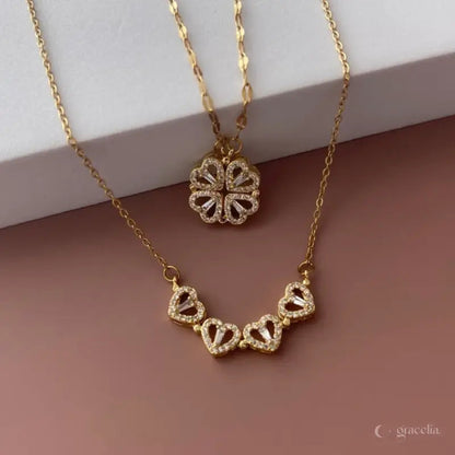 ¡Brilla con Elegancia! Collar 2 en 1  Dorado con Dije Corazones y Trébol + caja de regalo! ¡El Regalo Perfecto!