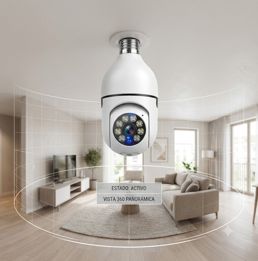 Bombillo Cámara WiFi 360° – Vigila tu Hogar Desde Cualquier Lugar