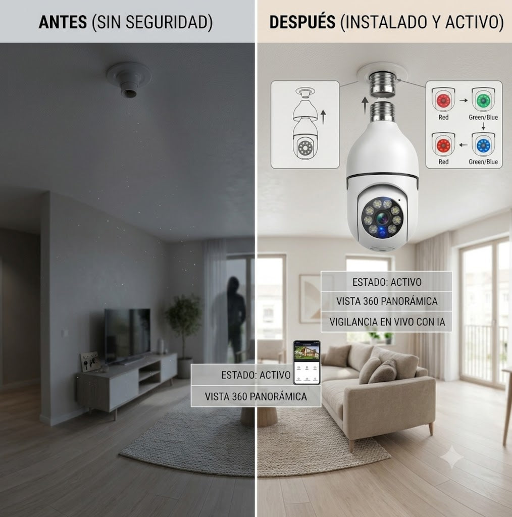 Bombillo Cámara WiFi 360° – Vigila tu Hogar Desde Cualquier Lugar