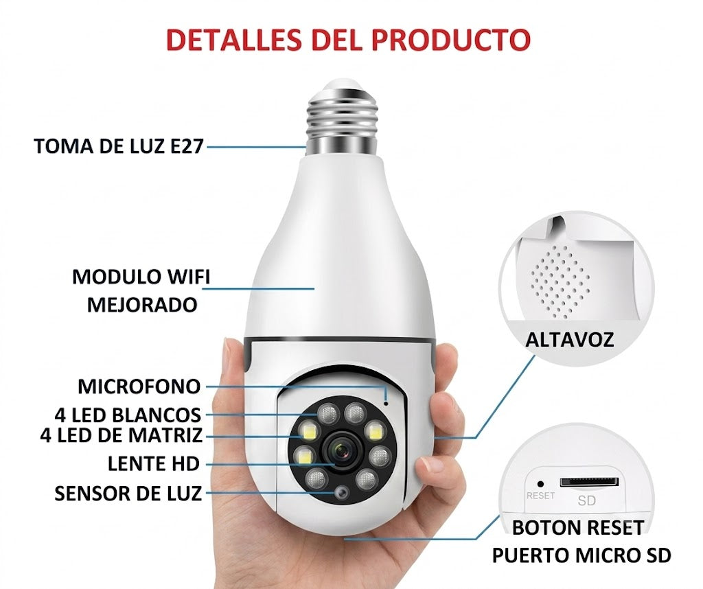 Bombillo Cámara WiFi 360° – Vigila tu Hogar Desde Cualquier Lugar